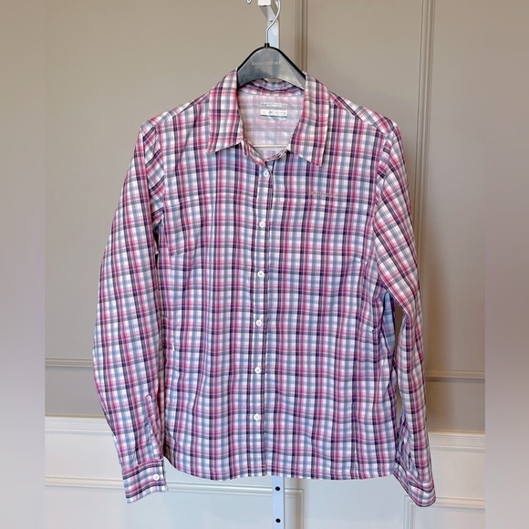 Columbia Women's XL Plaid Roll Tab Omni-Shade Sun Protection SPF XL pink gray - Picture 1 of 6